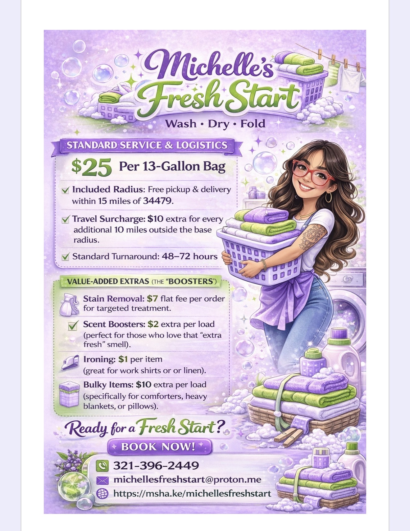 Michelle's Fresh Start — wash, dry, fold laundry service flyer