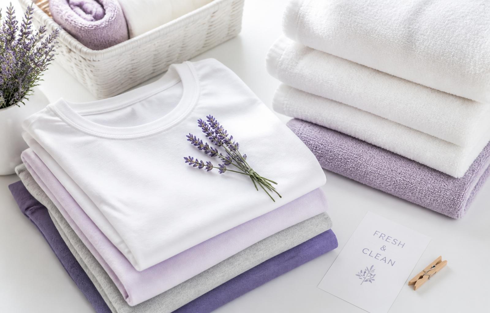 Neatly folded fresh laundry with lavender accents